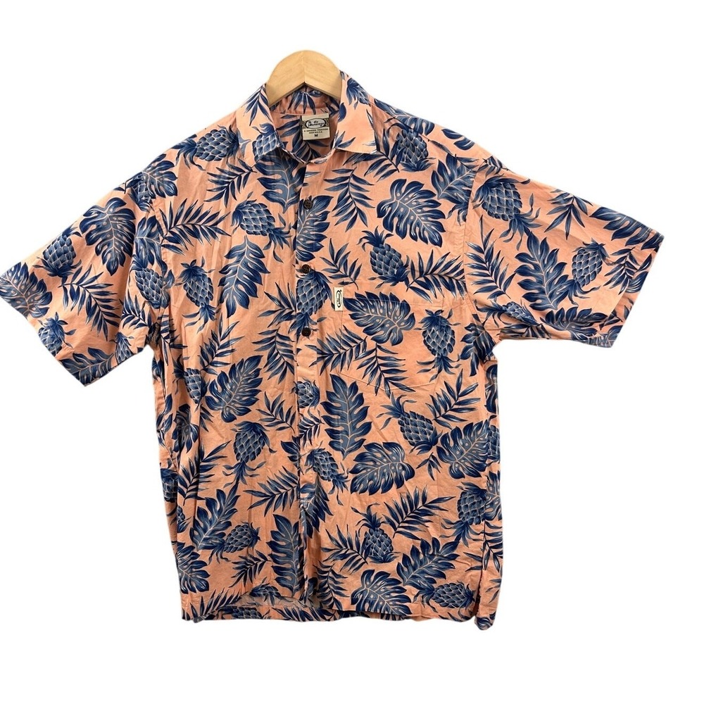 Go Barefoot Hawaiian Shirt Mens M Peach Blue Pineapple Aloha Made USA Cotton